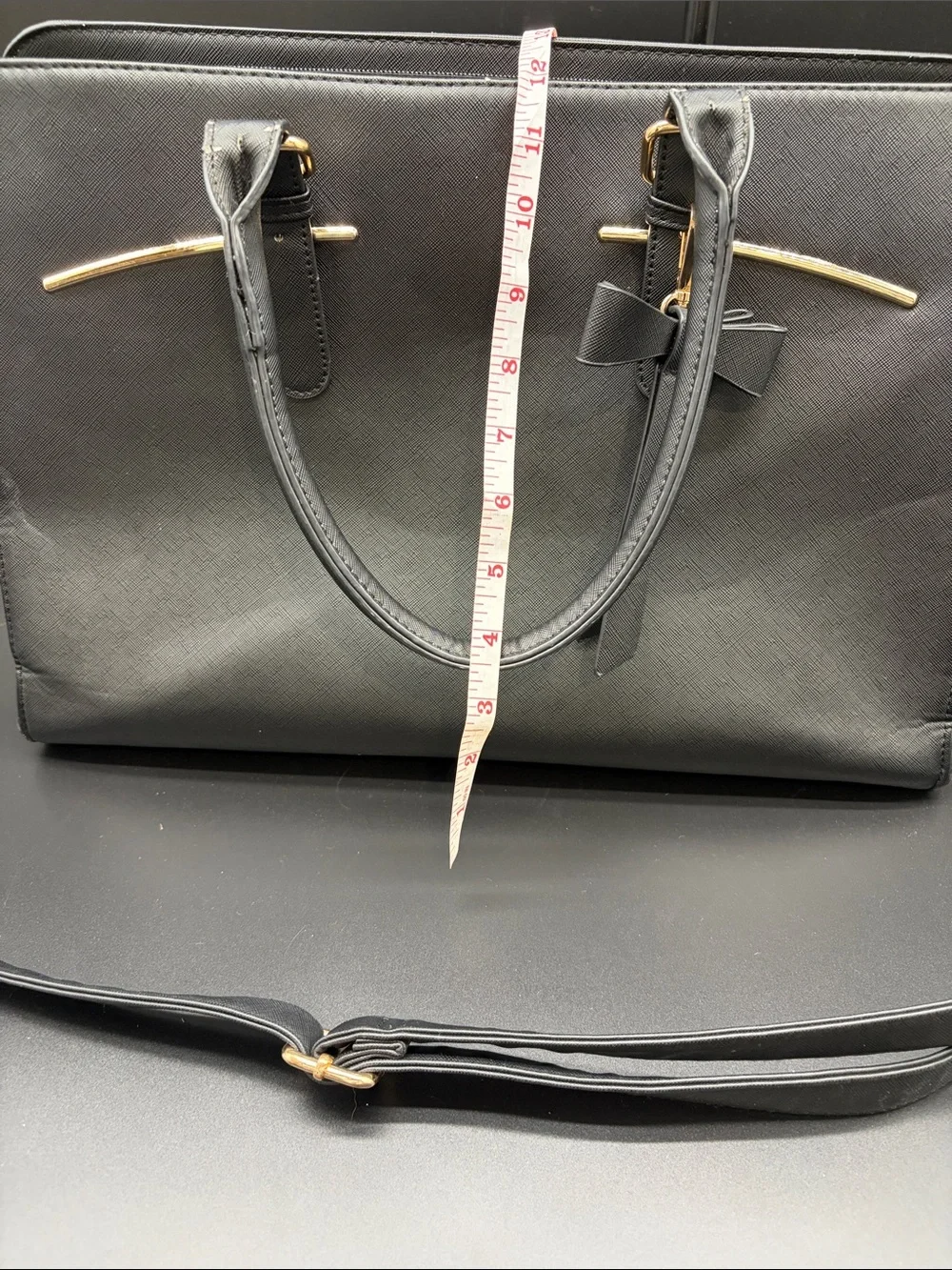 Black Laptop Tote with Bow and Gold Accents